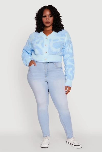 Womens Plus Tufted Knit Button Front Cropped Cardigan,