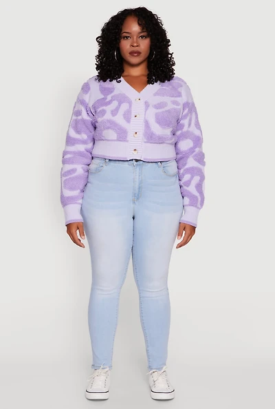 Womens Plus Size Tufted Knit Button Front Cropped Cardigan, Purple, Size 3X