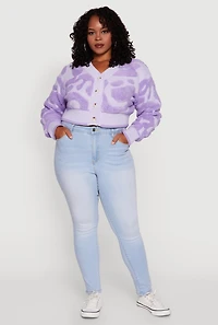 Womens Plus Size Tufted Knit Button Front Cropped Cardigan, Purple, Size 3X