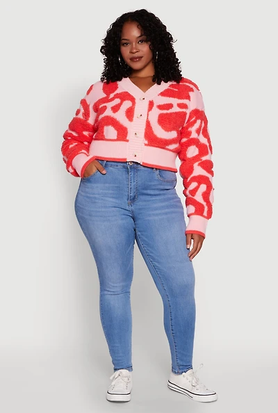 Womens Plus Tufted Knit Button Front Cropped Cardigan, 2X