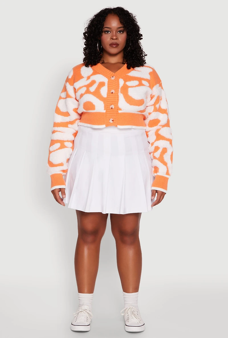 Womens Plus Size Tufted Knit Button Front Cropped Cardigan, Orange, Size 3X