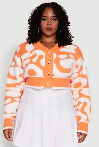 Womens Plus Size Tufted Knit Button Front Cropped Cardigan, Orange, Size 3X