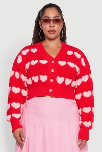 Womens Plus Size Heart Graphic Button Front Cardigan, Red, Size 3X
