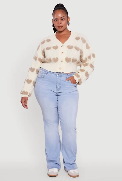 Womens Plus Size Heart Graphic Button Front Cardigan, Beige, Size 1X