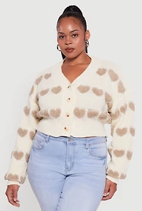 Womens Plus Size Heart Graphic Button Front Cardigan, Beige, Size 1X