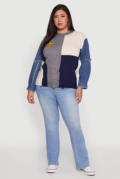Womens Plus Size Daisy Color Blocked Denim Sleeve Sweater, Multi, Size 3X