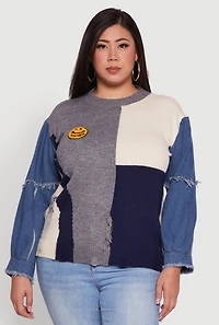 Plus Daisy Color Blocked Denim Sleeve Sweater
