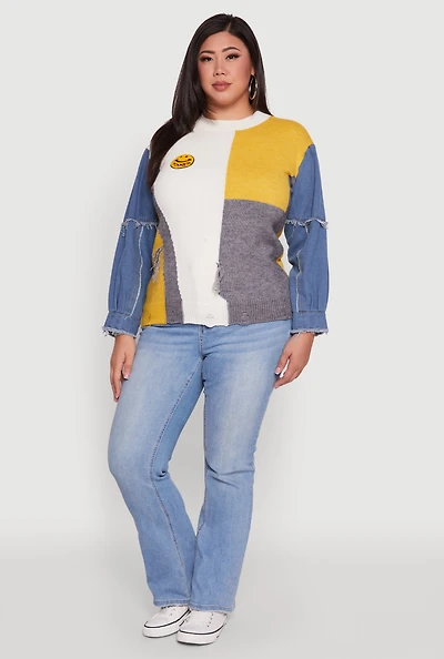 Womens Plus Size Daisy Color Blocked Denim Sleeve Sweater, Multi, Size 3X