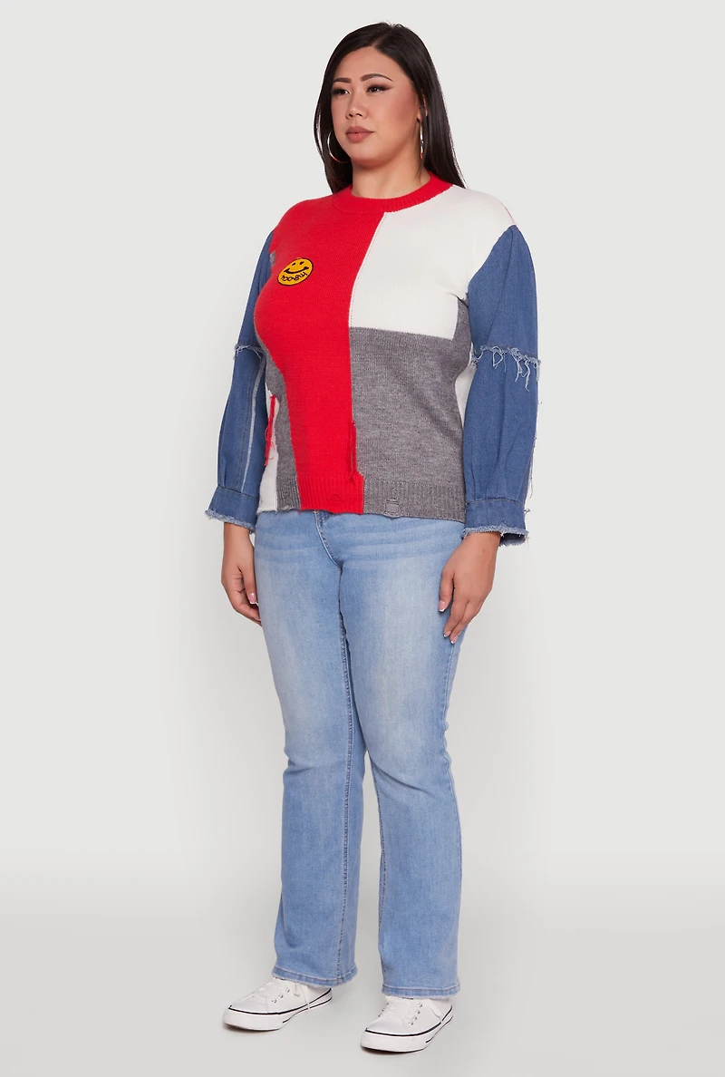 Womens Plus Daisy Color Blocked Denim Sleeve Sweater, Multi,