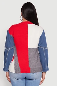 Womens Plus Daisy Color Blocked Denim Sleeve Sweater, Multi,