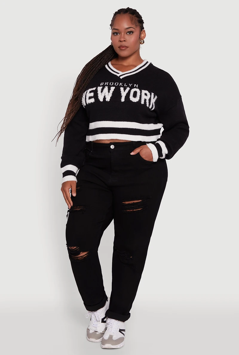 Womens Plus Size Daisy Brooklyn New York Cropped Sweater, Black, Size 3X