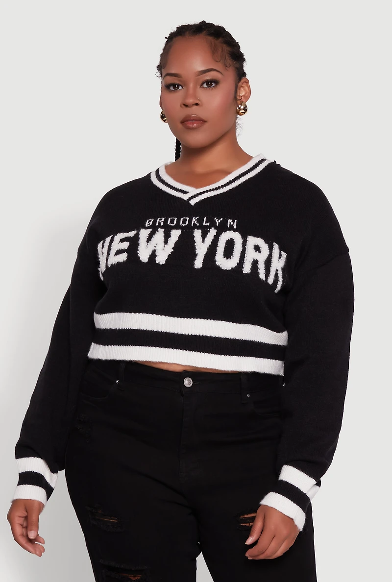 Womens Plus Size Daisy Brooklyn New York Cropped Sweater, Black, Size 3X