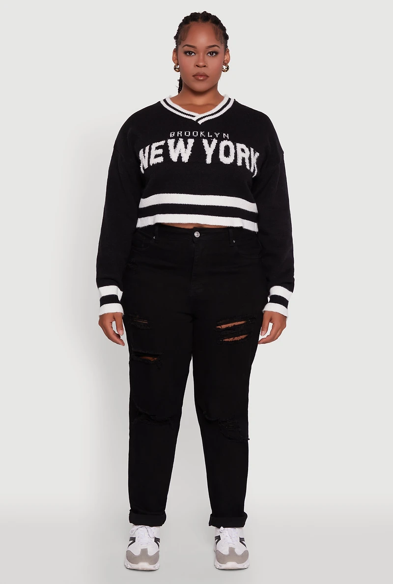Womens Plus Size Daisy Brooklyn New York Cropped Sweater, Black, Size 3X