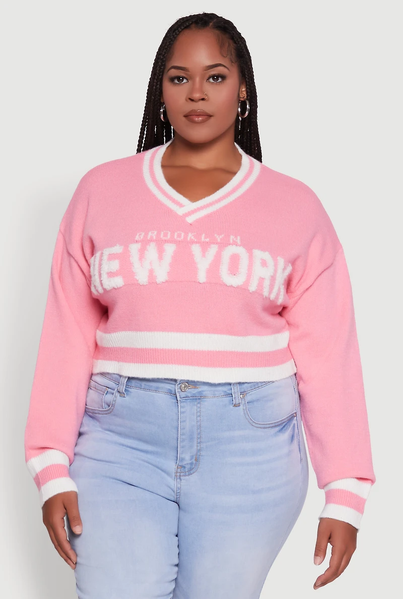 Womens Plus Size Daisy Brooklyn New York Cropped Sweater, Pink, Size 2X