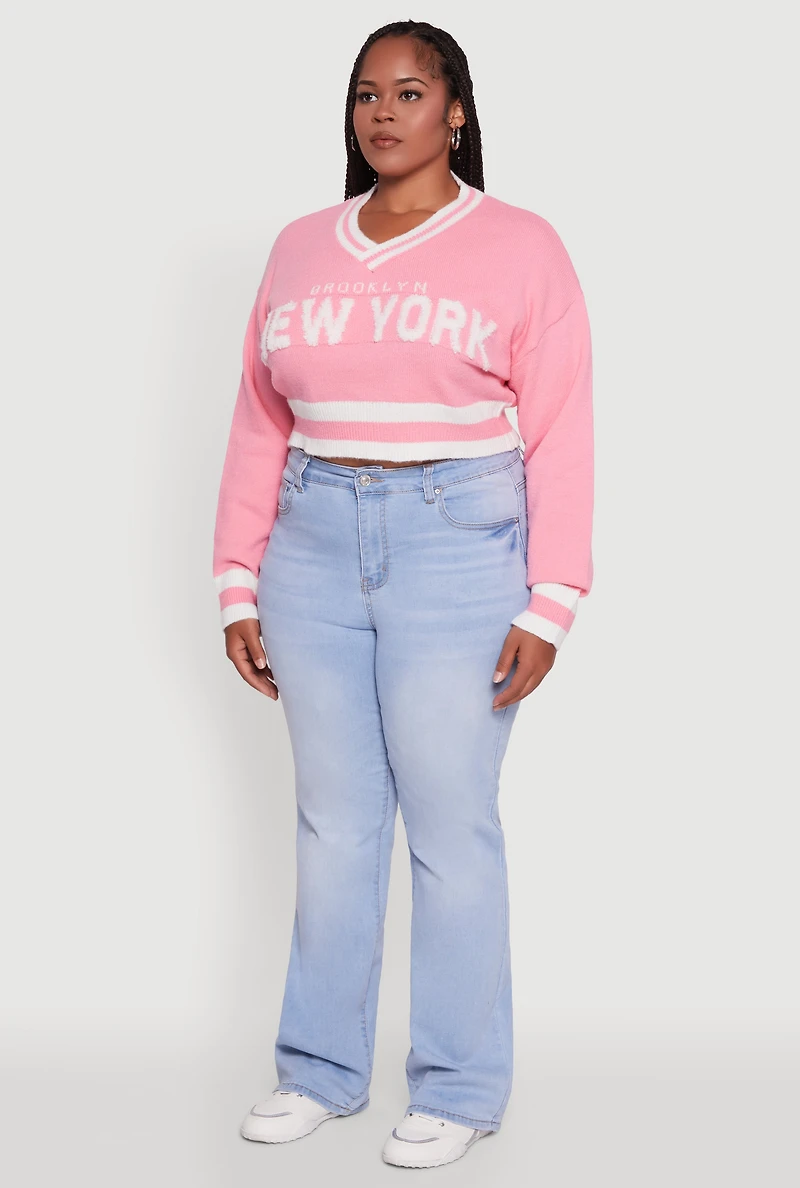 Womens Plus Size Daisy Brooklyn New York Cropped Sweater, Pink, Size 2X