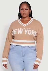 Womens Plus Size Daisy Brooklyn New York Cropped Sweater, Beige, Size 2X