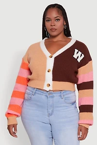 Plus Daisy Color Blocked Striped W Initial Cardigan