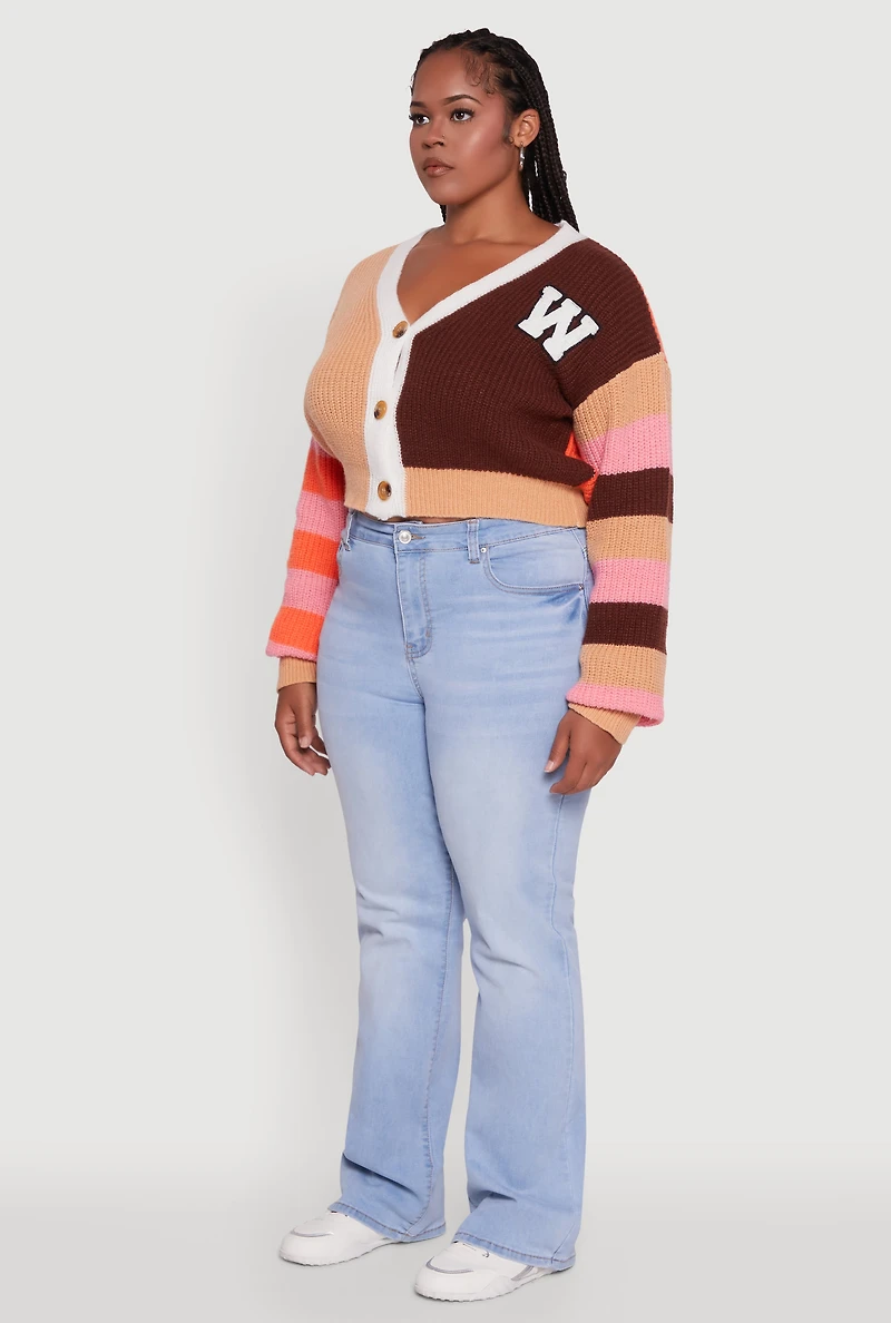 Plus Daisy Color Blocked Striped W Initial Cardigan