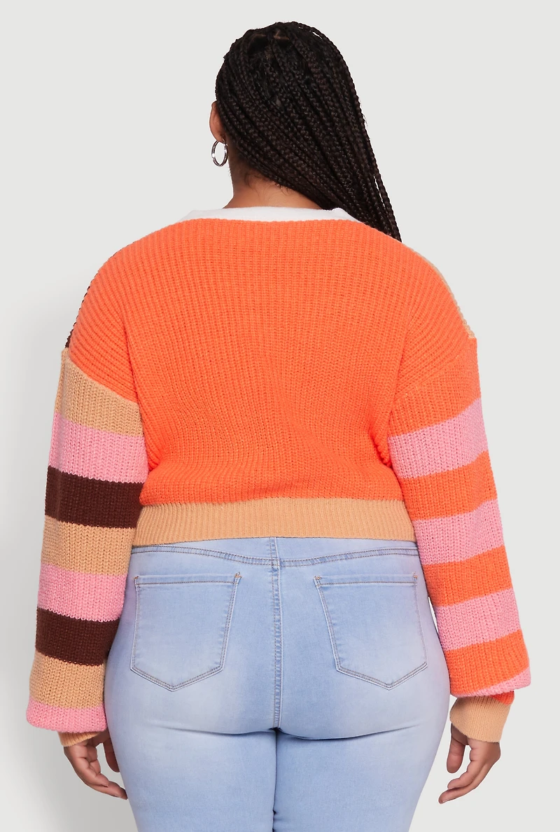 Plus Daisy Color Blocked Striped W Initial Cardigan