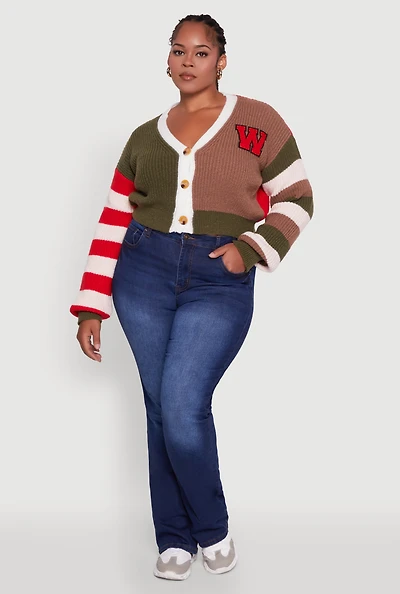 Womens Plus Size Daisy Color Blocked Striped W Initial Cardigan, Multi, Size 1X