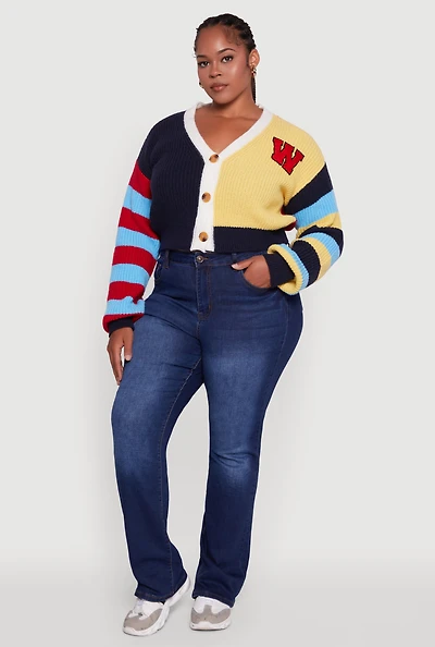 Womens Plus Daisy Color Blocked Striped W Initial Cardigan, Multi,