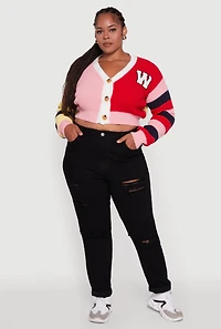 Womens Plus Daisy Color Blocked Striped W Initial Cardigan, Multi,