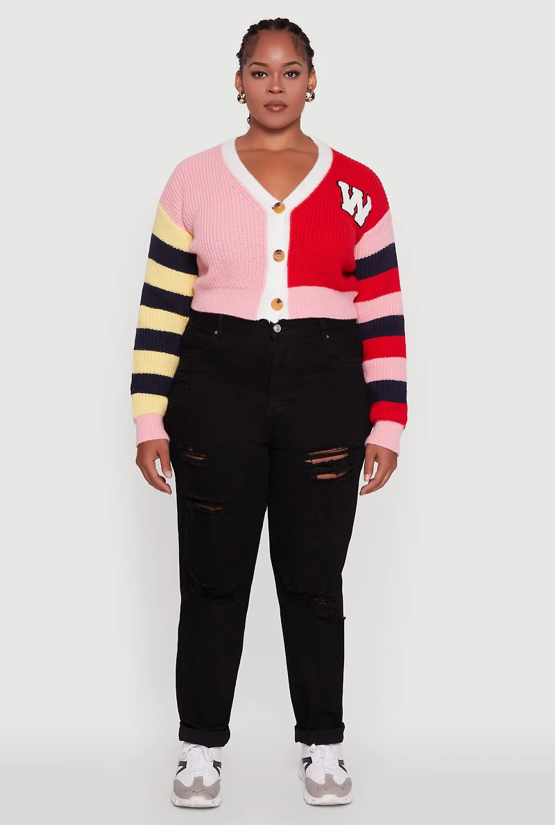 Womens Plus Daisy Color Blocked Striped W Initial Cardigan, Multi,