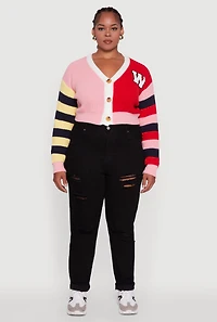 Womens Plus Daisy Color Blocked Striped W Initial Cardigan, Multi,