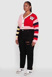 Womens Plus Daisy Color Blocked Striped W Initial Cardigan, Multi,