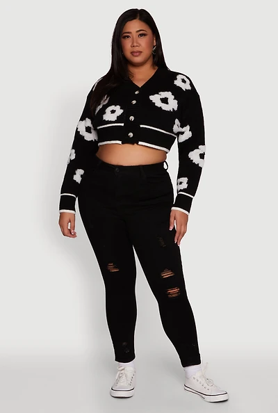 Womens Plus Flower Tufted Knit Cropped Cardigan,