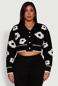 Plus Flower Tufted Knit Cropped Cardigan