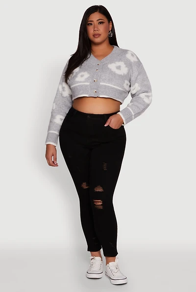 Womens Plus Flower Tufted Knit Cropped Cardigan,