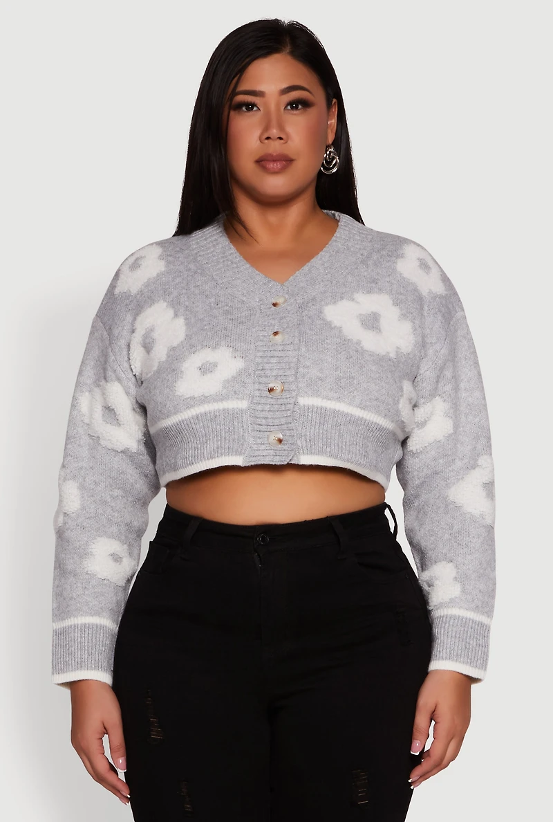 Womens Plus Size Flower Tufted Knit Cropped Cardigan, Grey, Size 3X