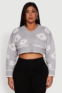 Womens Plus Size Flower Tufted Knit Cropped Cardigan, Grey, Size 3X