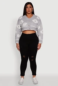 Womens Plus Size Flower Tufted Knit Cropped Cardigan, Grey, Size 3X