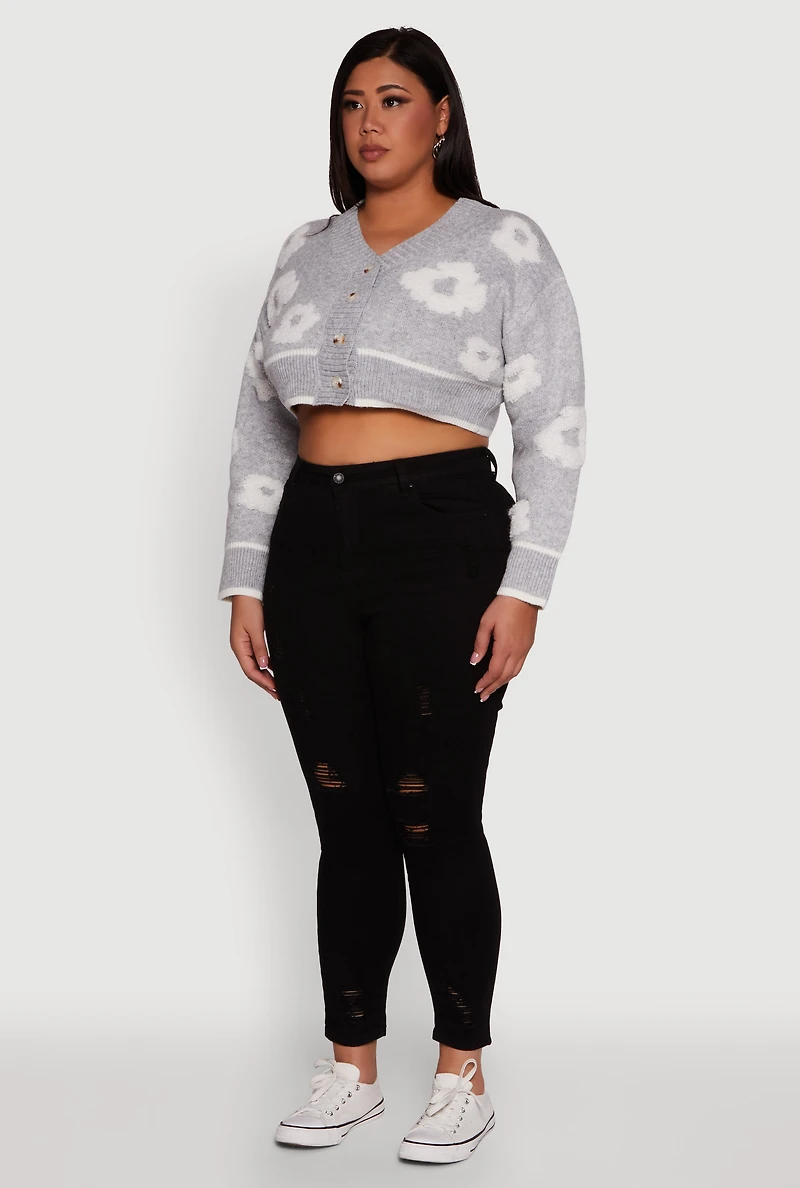Womens Plus Size Flower Tufted Knit Cropped Cardigan, Grey, Size 3X