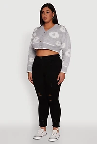 Womens Plus Size Flower Tufted Knit Cropped Cardigan, Grey, Size 3X