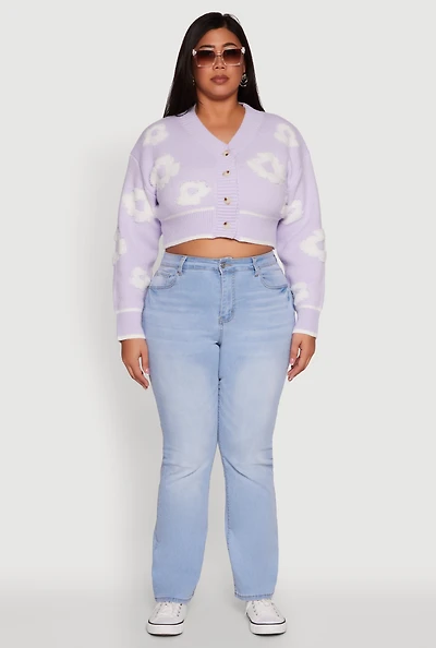 Womens Plus Size Flower Tufted Knit Cropped Cardigan, Purple, Size 1X