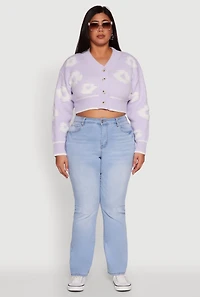 Womens Plus Size Flower Tufted Knit Cropped Cardigan, Purple, Size 1X