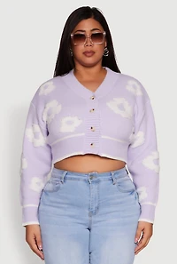 Womens Plus Size Flower Tufted Knit Cropped Cardigan, Purple, Size 1X