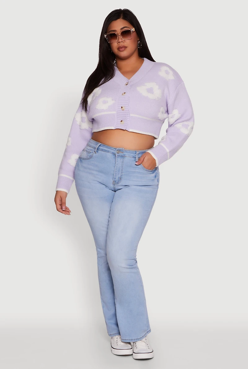 Womens Plus Size Flower Tufted Knit Cropped Cardigan, Purple, Size 1X