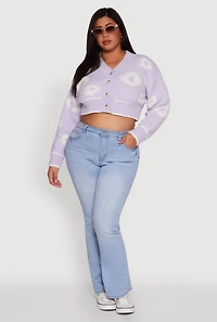 Womens Plus Size Flower Tufted Knit Cropped Cardigan, Purple, Size 1X
