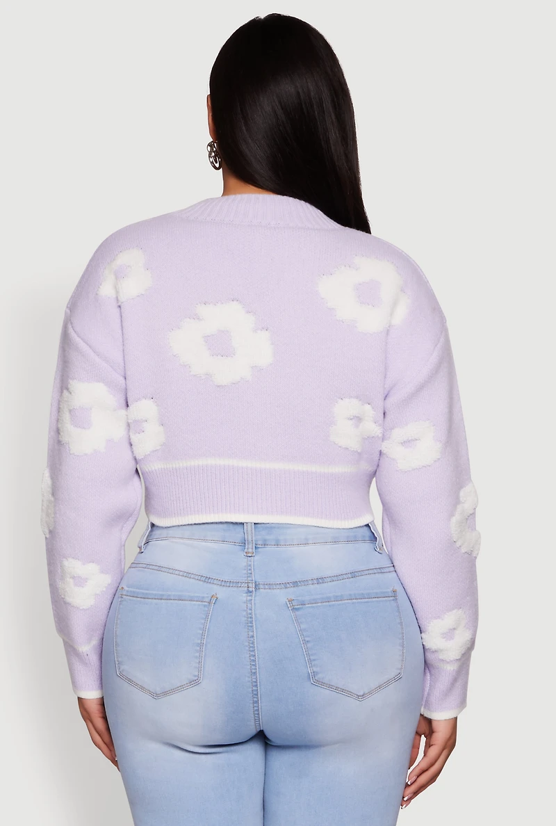 Womens Plus Size Flower Tufted Knit Cropped Cardigan, Purple, Size 1X