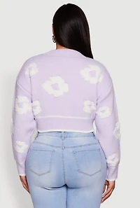 Womens Plus Size Flower Tufted Knit Cropped Cardigan, Purple, Size 1X