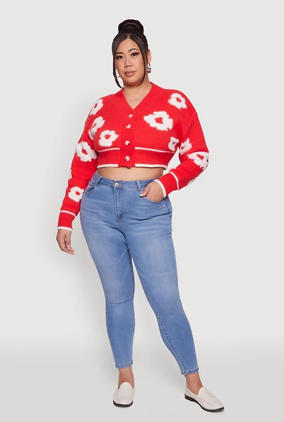 Womens Plus Flower Tufted Knit Cropped Cardigan, Red,