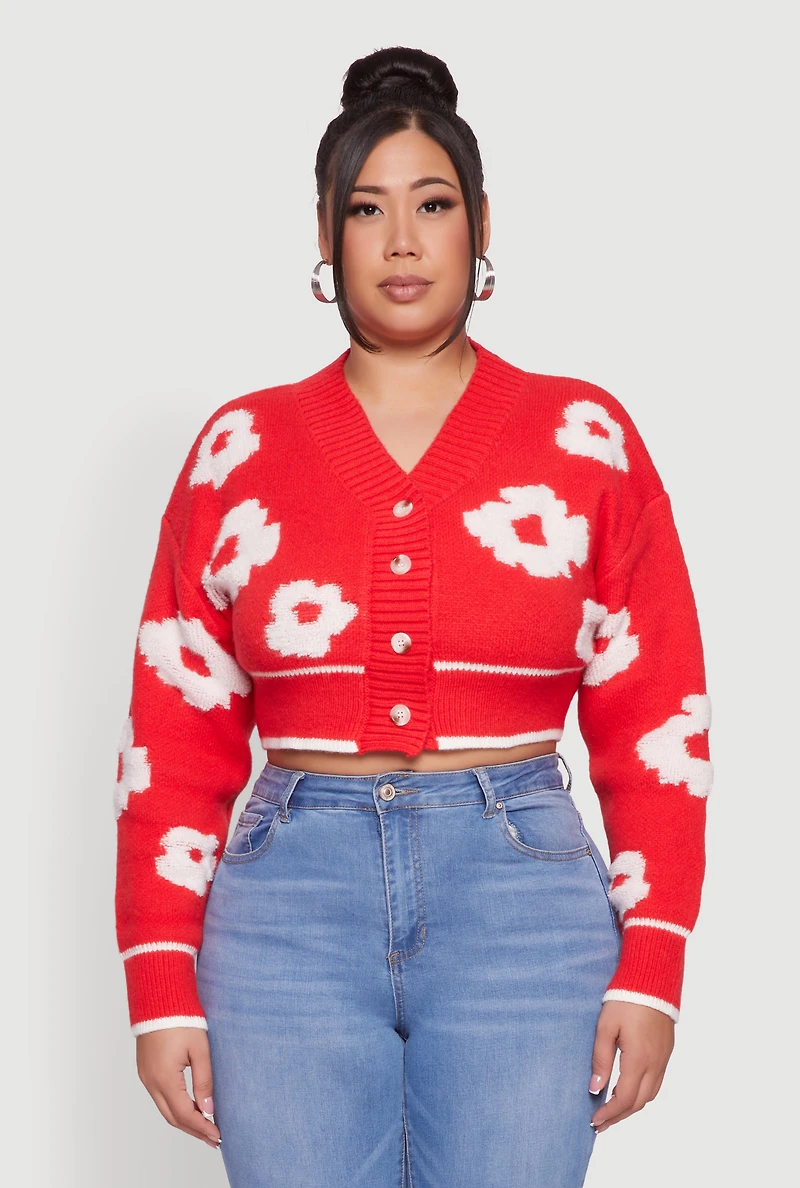 Womens Plus Flower Tufted Knit Cropped Cardigan, Red,