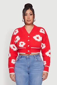 Womens Plus Flower Tufted Knit Cropped Cardigan, Red,