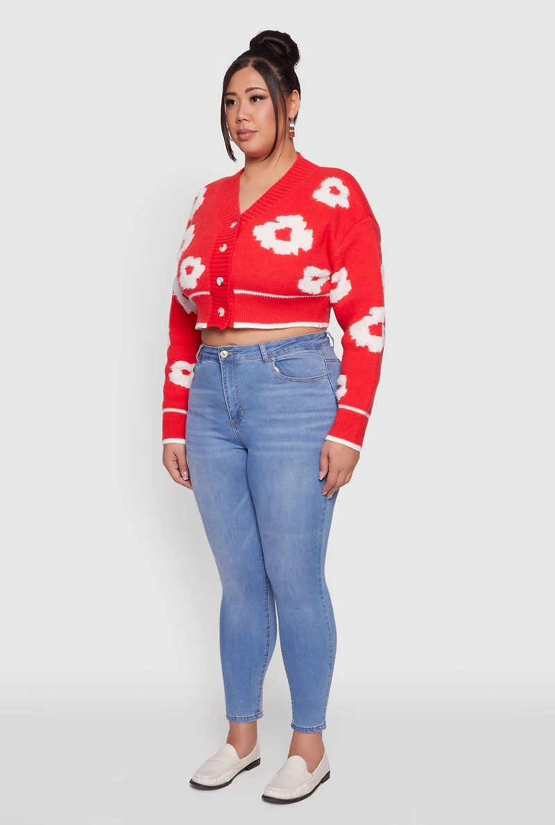 Womens Plus Flower Tufted Knit Cropped Cardigan, Red,