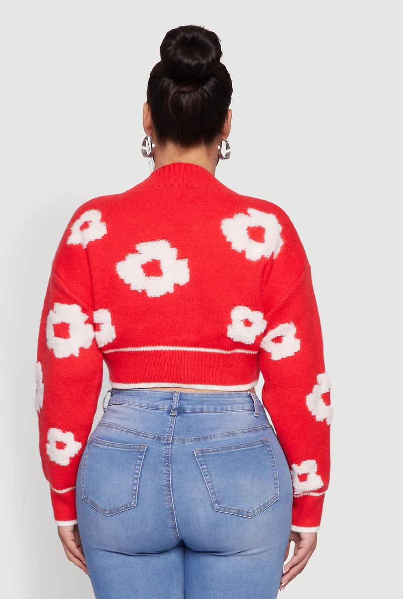 Womens Plus Flower Tufted Knit Cropped Cardigan, Red,