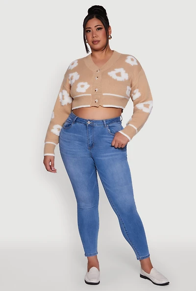 Womens Plus Flower Tufted Knit Cropped Cardigan,